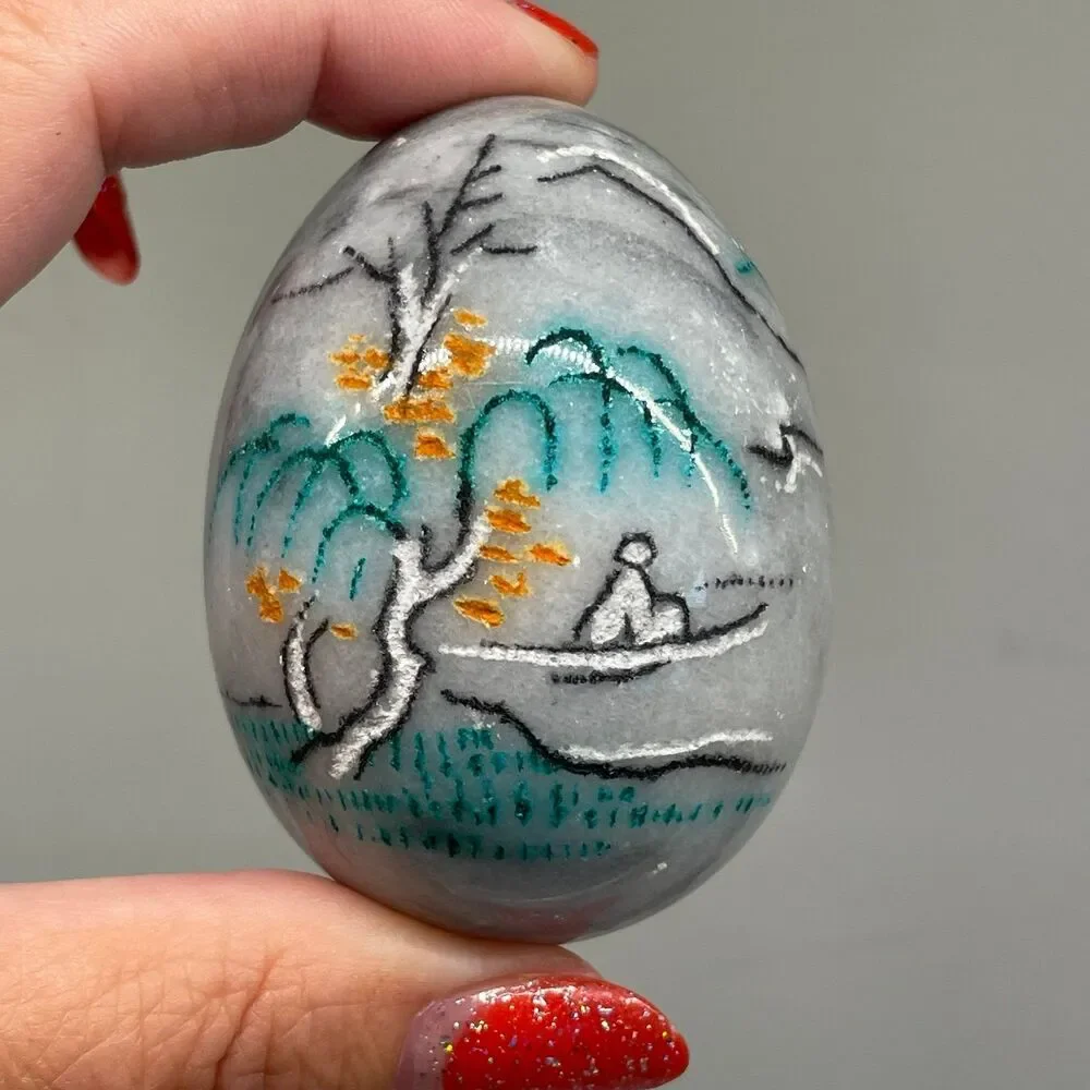 Hand Painted Marble Egg Stone Figurine Asian Landscape Art Decor